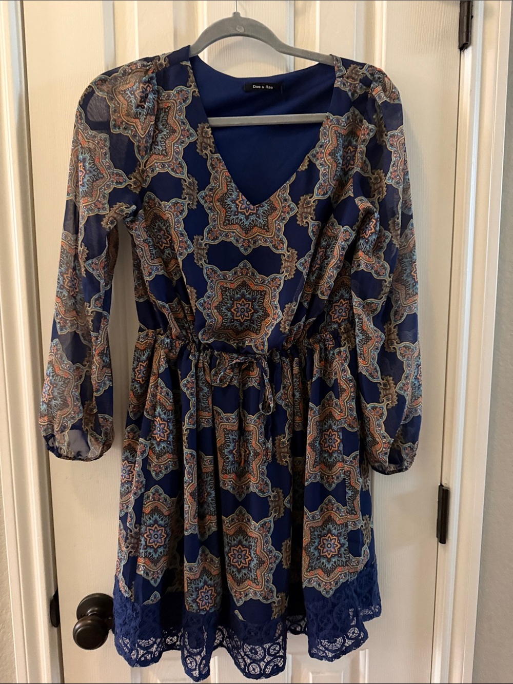 Doe & Rae Navy Paisley Medallion Long Sleeve Dress with Lace Hem